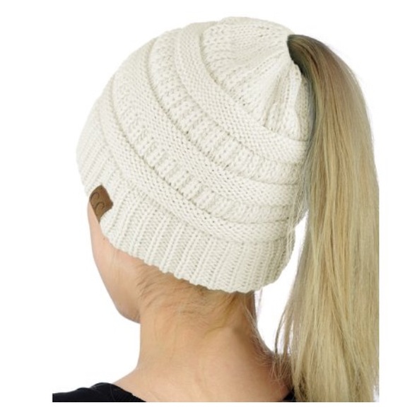 NEW C.C. Messy Bun Beanie in Ivory - Picture 2 of 3